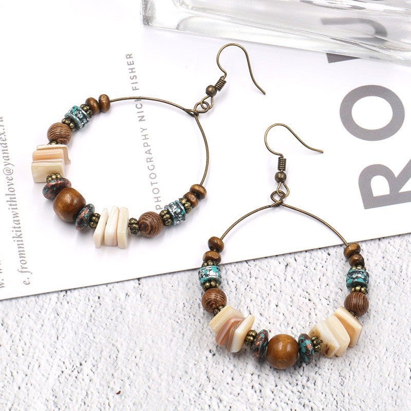 Accessories Fashion Bohemian Handmade Beaded Earrings Shell Wooden Beads Big Ear Ring Earrings - Image 5